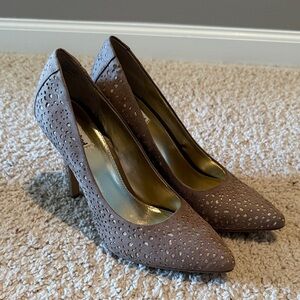 Not Rated Taupe Suede Pointed-Toe Heels with Crystal Cutouts